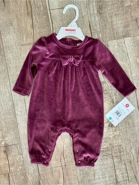 Huggies Baby Wear Velour‎ Coverall 3M Purple Burgundy Bow One Piece Infant